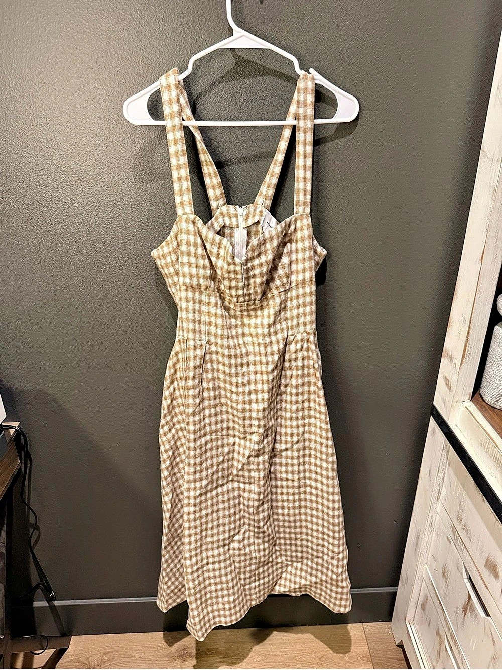 Reformation Gingham Linen Maxi Dress in Brown & White Size 12 NWT